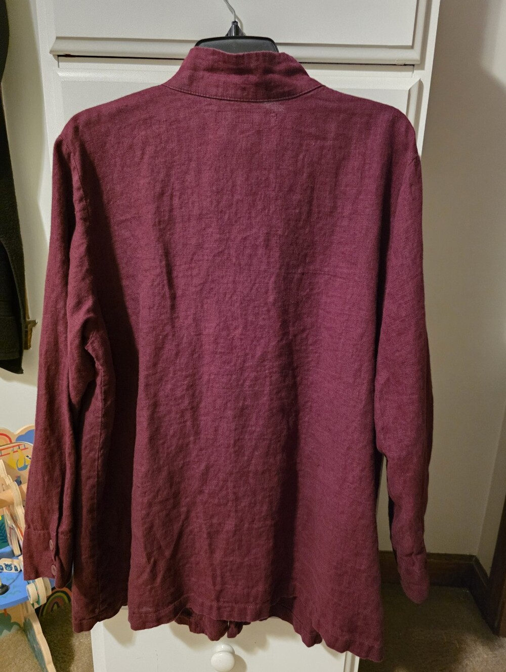FLAX Plum Linen Button-Front Stand-Collar Top - Picture 2 of 3